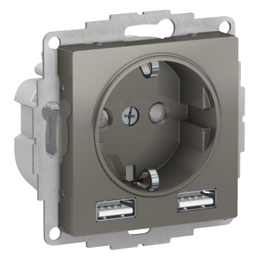 Розетка 2P+E 16А с 2хUSB 2х5В/1,2 А сталь AtlasDesign ATN000930