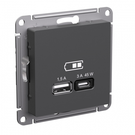 Розетка USB A+C 2-местная (1.5А и 3А) Atlas Design, базальт ATN001429