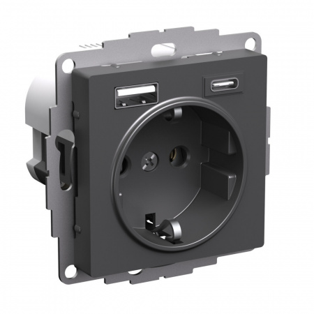 Розетка 16A с двумя портами USB A+C (2.4А и 1.5А) Atlas Design, базальт ATN001432