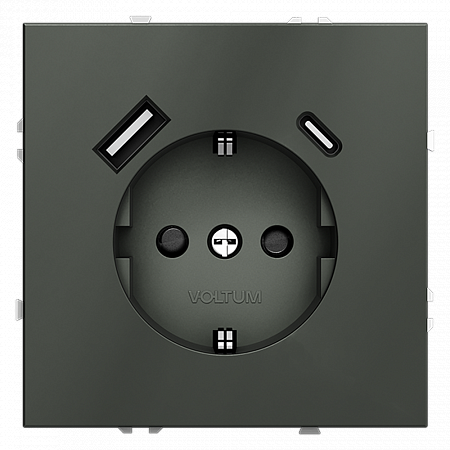 Розетка с заземлением и защитными шторками, Voltum S70, с USB, A+С, титан VLS040506
