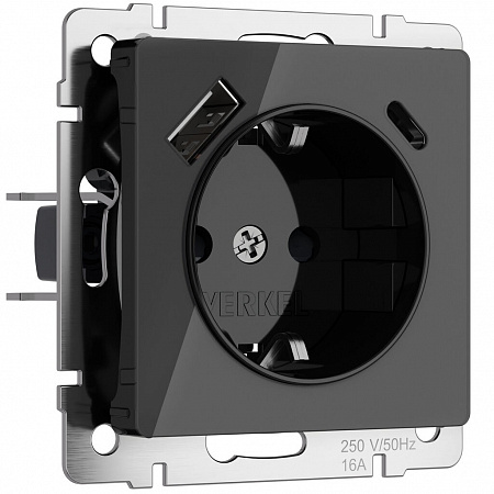 Розетка с USB тип A+C Черный акрил W1171748